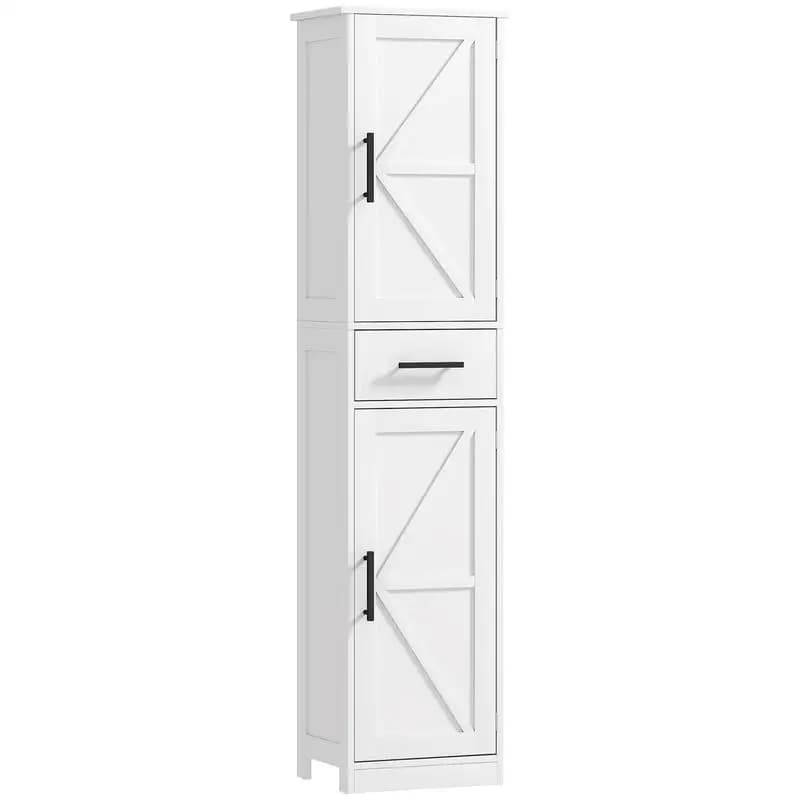 Armadio per Biancheria HOMCOM Stile Rustico con Cassetto, Mobile Contenitore da Bagno Alto 170 cm con Ante Scorrevoli e Ripiani Regolabili, Bianco