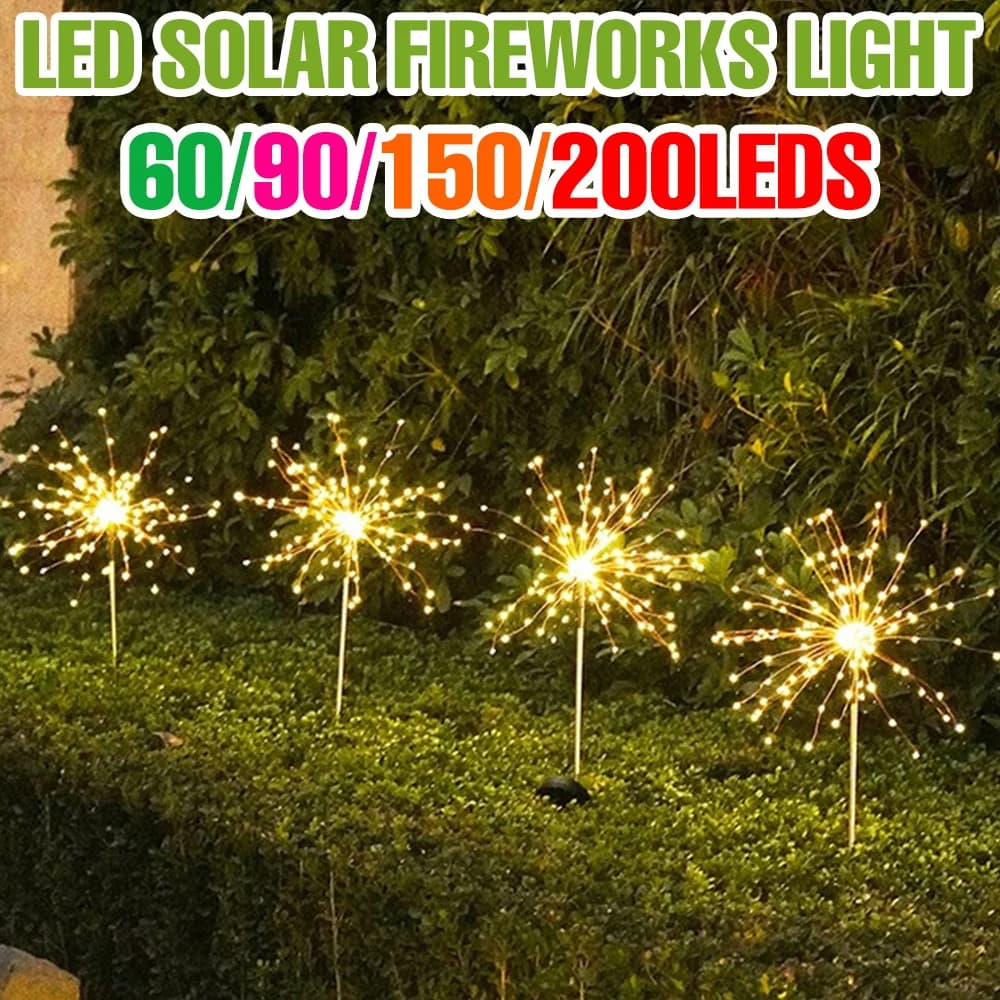 Lampada Solare a LED a Forma di Fuochi d'Artificio, Decorazione da Giardino, Luci Decorative a Forma di Soffione, Impermeabile IP65, Illuminazione Esterna Bianco Caldo