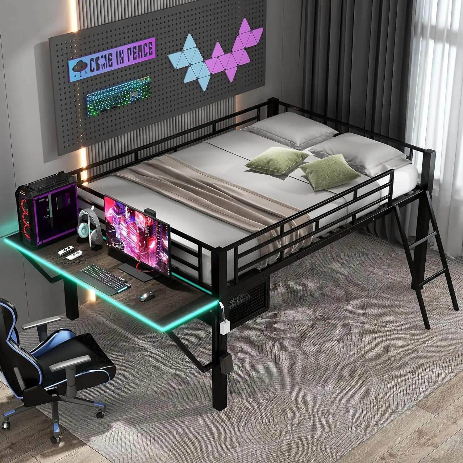 Letto a soppalco basso con scrivania e luce LED, letto da gaming in metallo con contenitore per cameretta bambini e ragazzi, personalizzabile