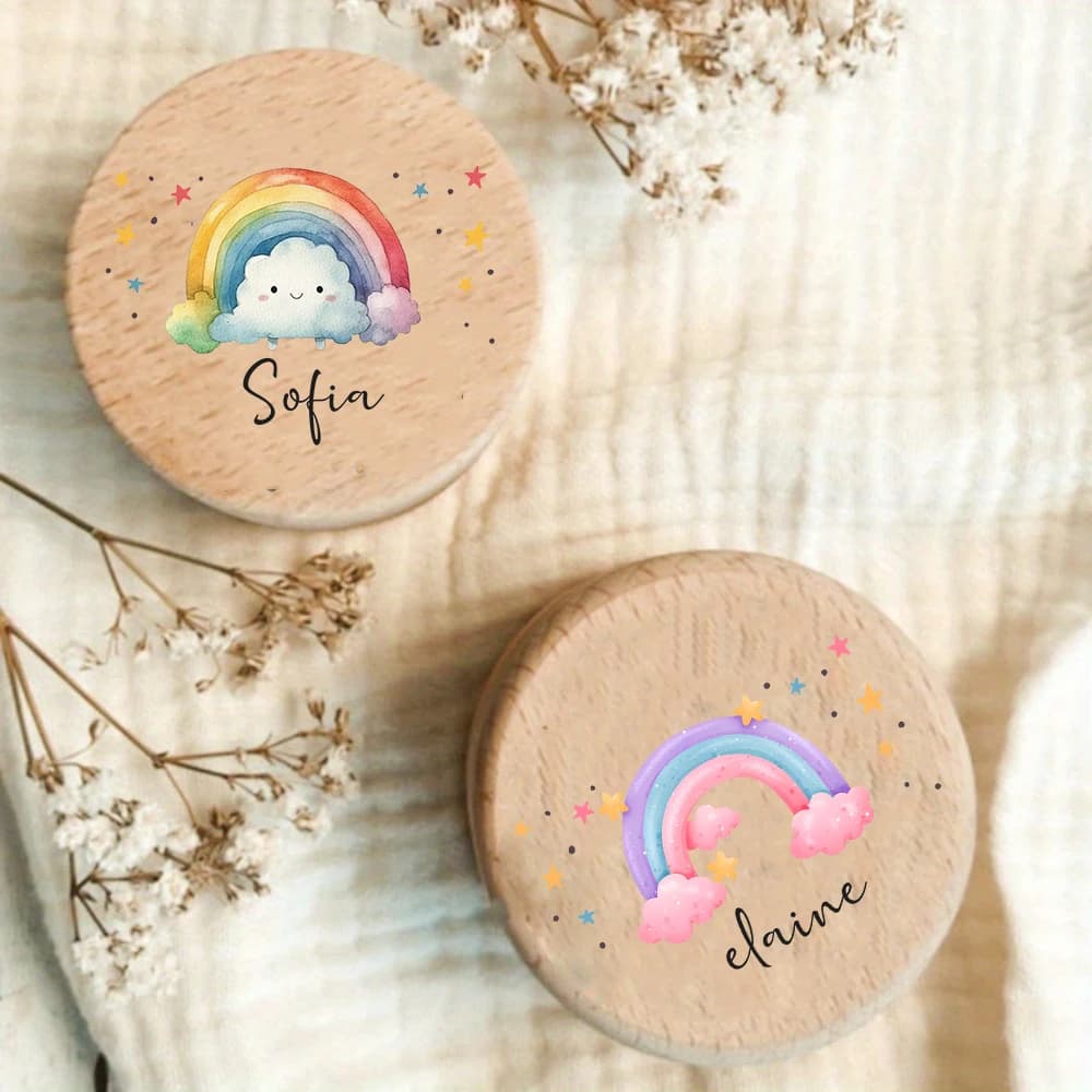 Scatola per denti arcobaleno in legno personalizzata per bambini Conservazione dei denti da latte Raccogliere i denti Umbilicali Salva regali Scatole per ricordi con nome personalizzato