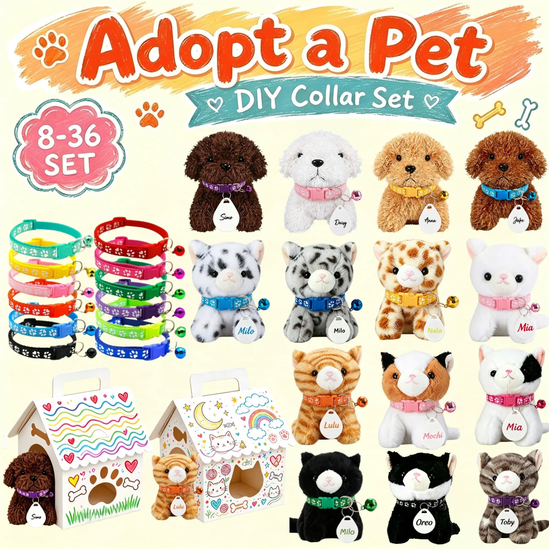 8-36Sets Adopt a Pet Party Favors Kitten Teddy Dog Bulk Blank House with Adjustable Collars for Birthday Baby Shower Party Gift