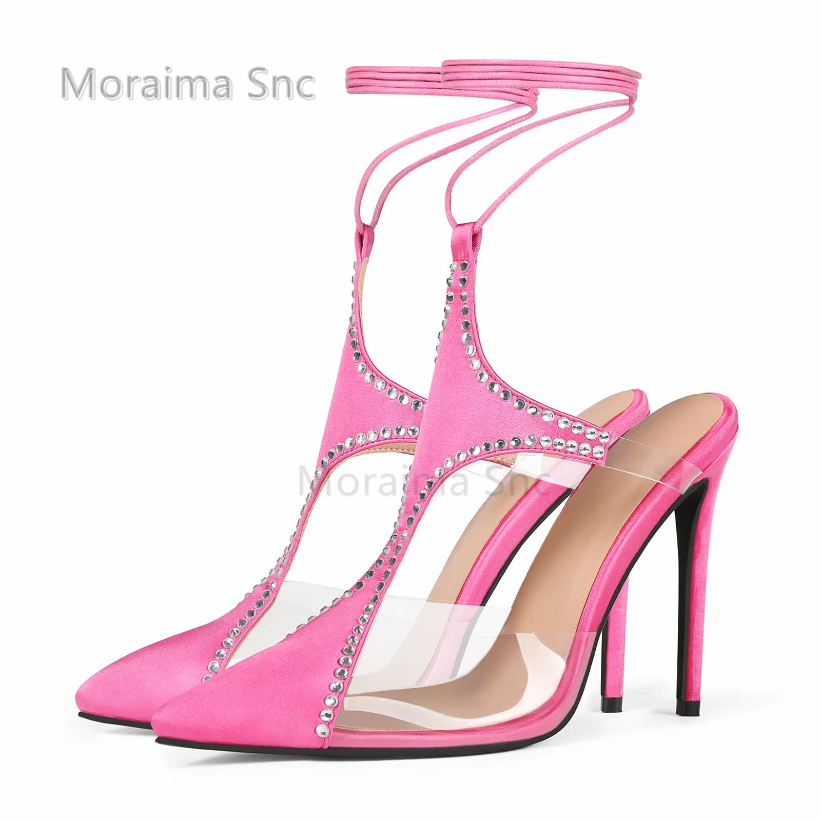 Sandali con cinturino in PVC di cristallo rosa Sandali da donna con punta a punta Tacchi a spillo Trasparente con lacci Cinturino alla caviglia Dolce abito da ufficio Scarpe estive