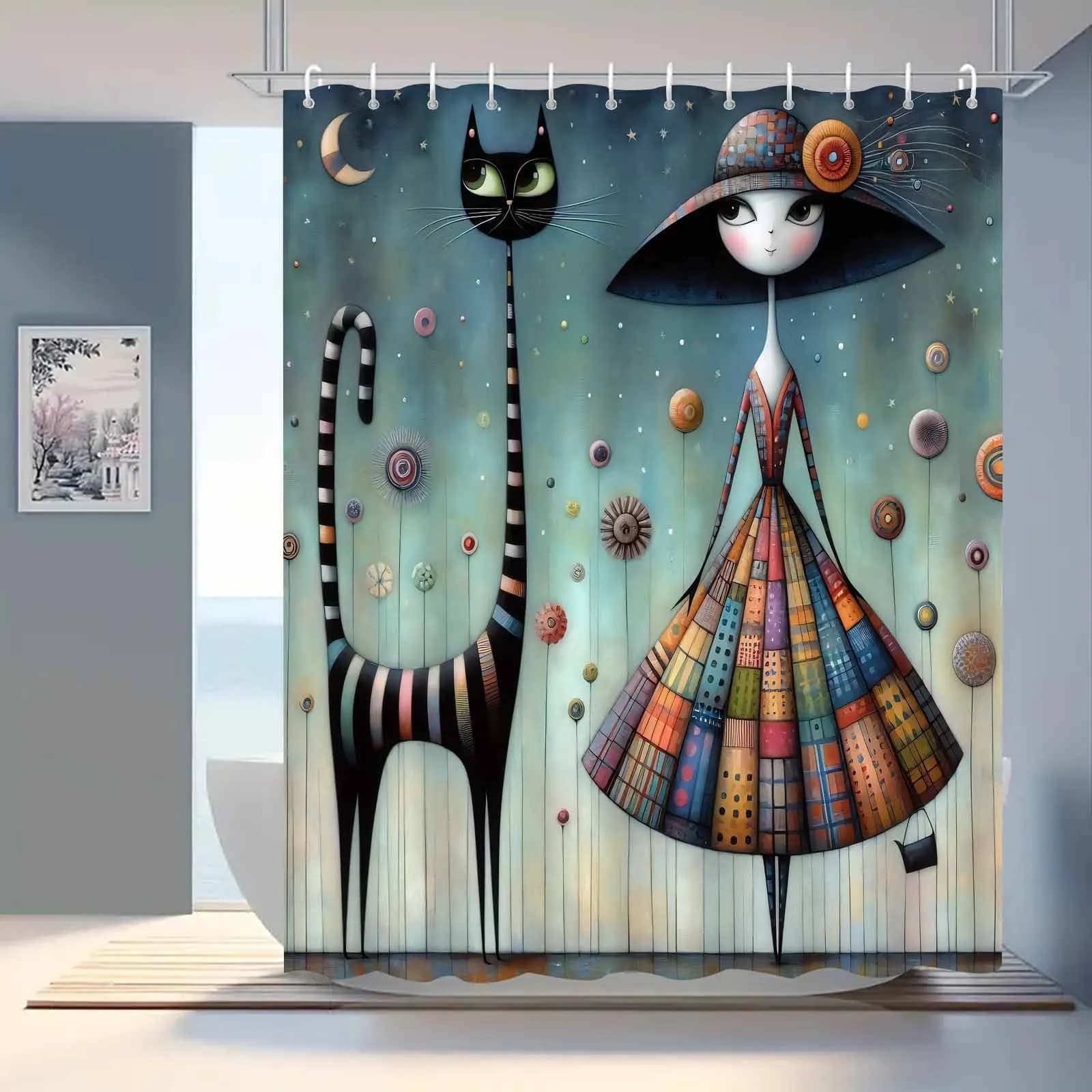 1 tenda da doccia stravagante per ragazza e gatto, notte stellata, elegante arredamento da bagno in poliestere con ganci, tessuto a maglia, design artistico