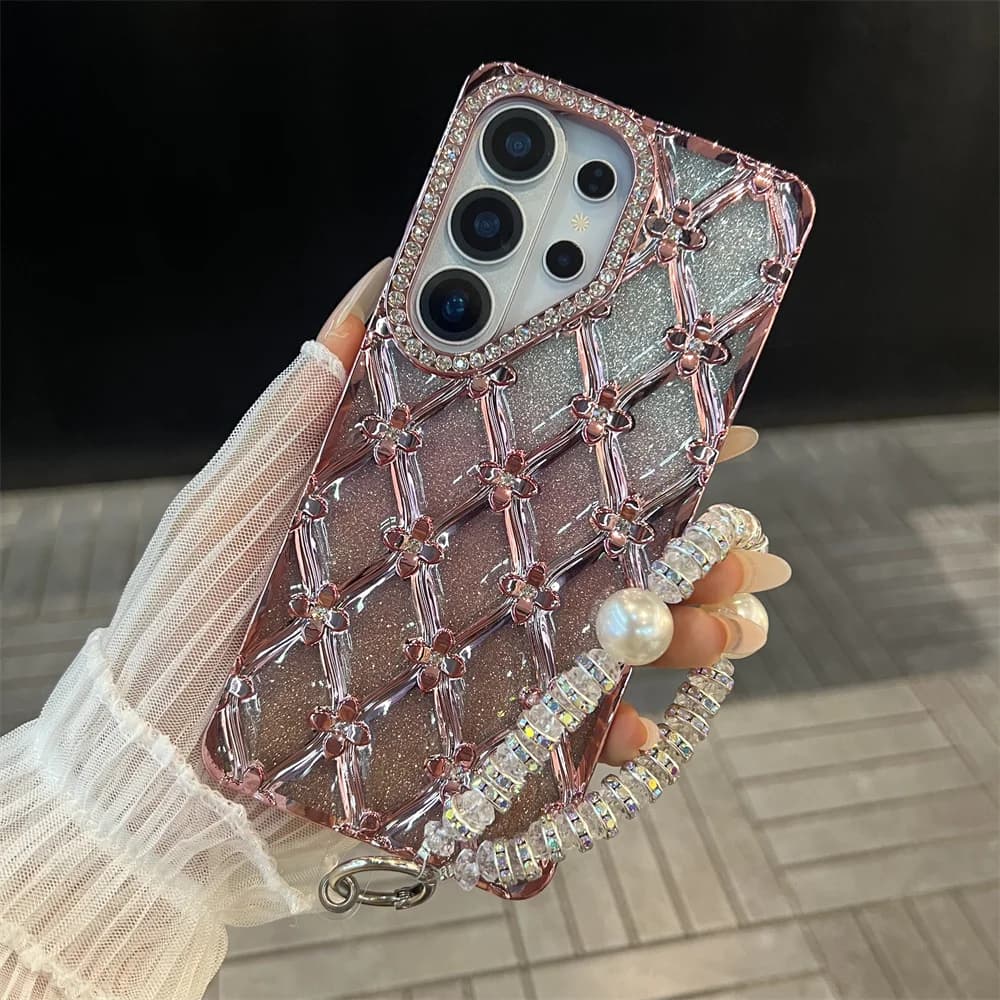Luxury phone case with floral plating, glitter and rhinestone, shockproof, with transparent back cover for Samsung S25 S26 Ultra S23 S24 Plus