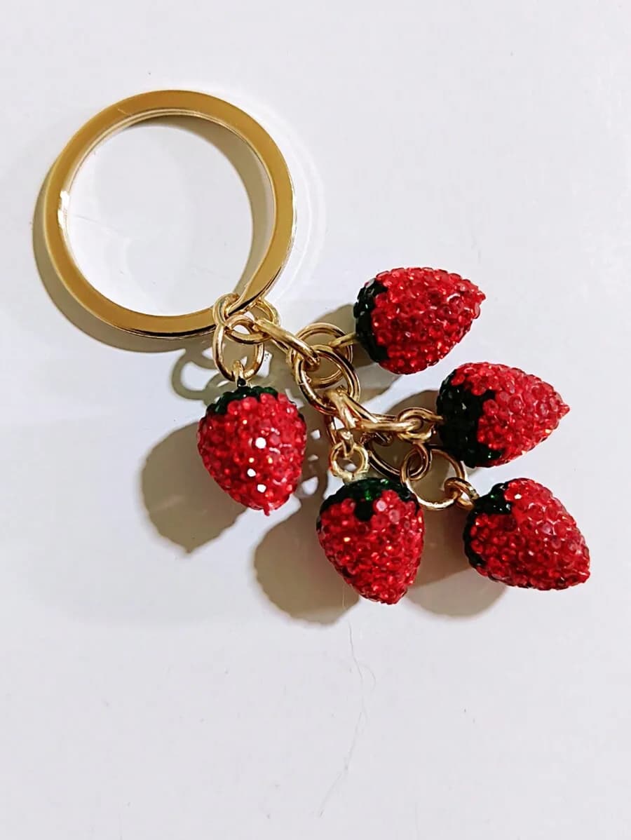 Portachiavi a Forma di Fragola con Strass Rossi per Borsa, Auto, Zaino, Accessorio Moda