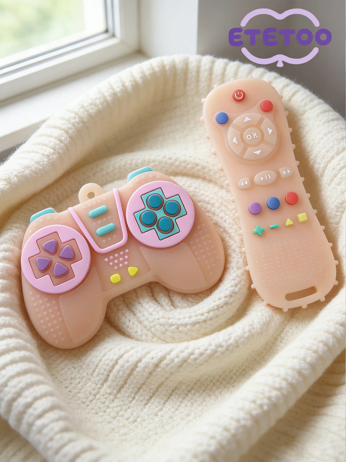 Set di 2 Giocattoli da Dentizione per Neonati a Forma di Telecomando e Controller di Gioco in Silicone per 0-12 Mesi