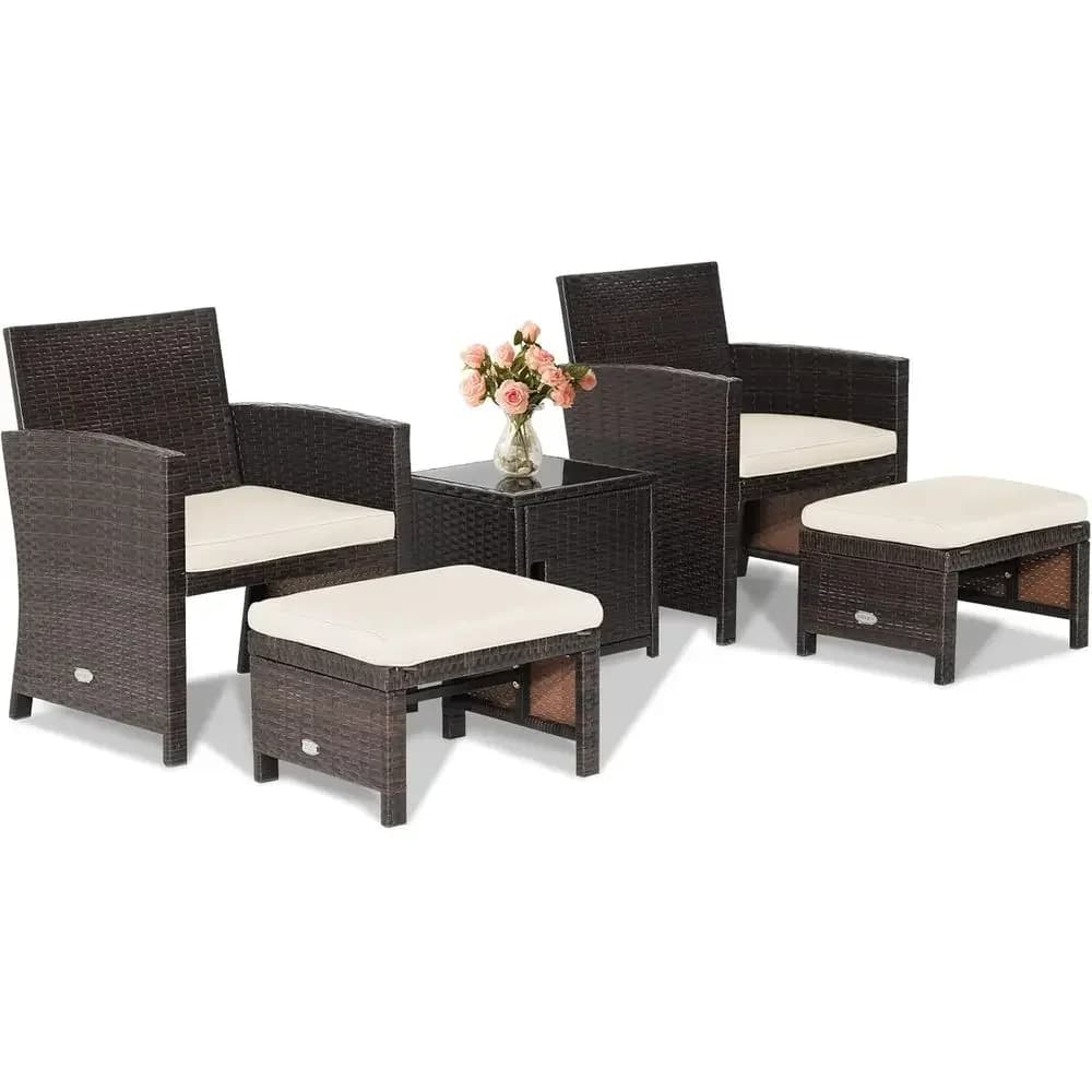 5-Piece Waterproof Wicker Patio Furniture Set with Cushioned Chairs, Ottoman, and Storage Coffee Table