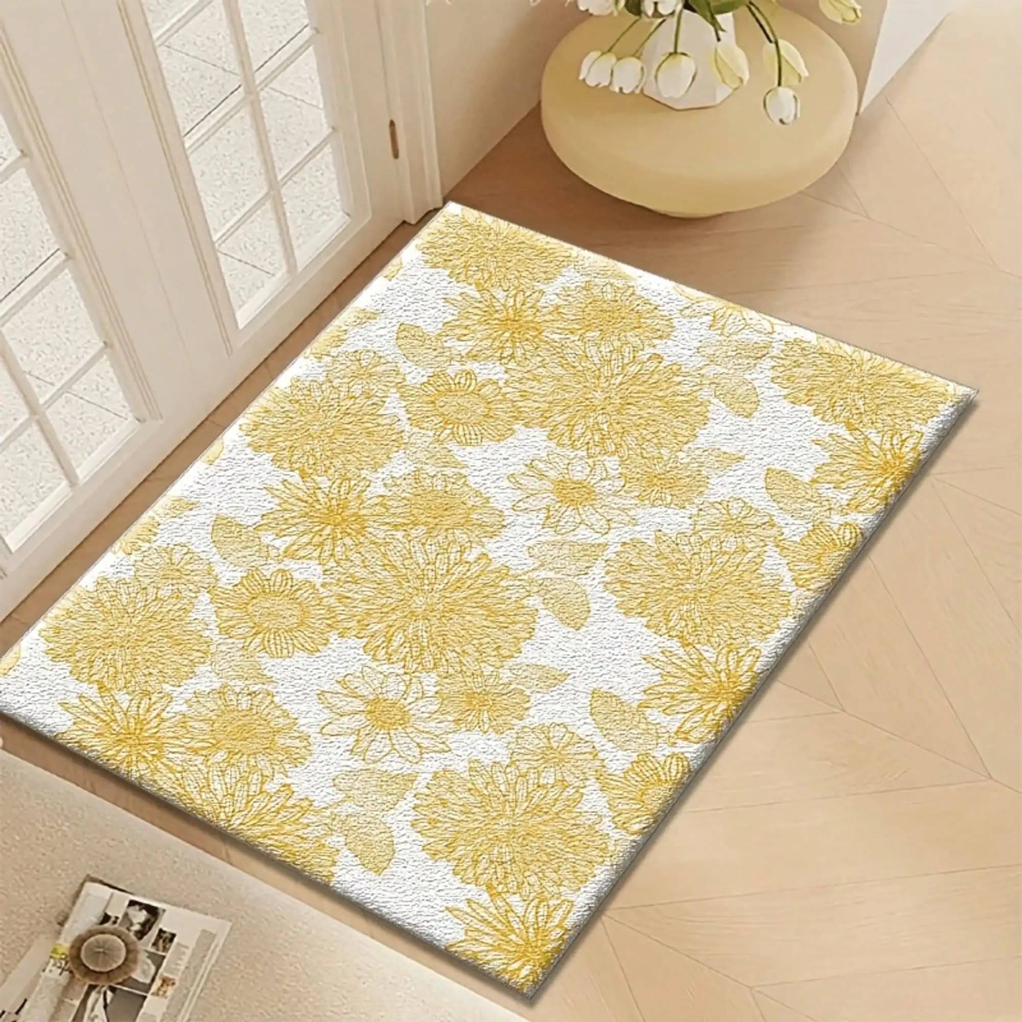 2D Flat Printing Flannel 1pc Yellow Floral Pattern Front Door Mat, Comfortable Welcome Mat, Outdoor/Indoor Doormat, Bedside Mat, Bathroom Mat, Small Floor Mat, Suitable For Spring, Summer, Autumn, Winter Seasons, 2D Flat