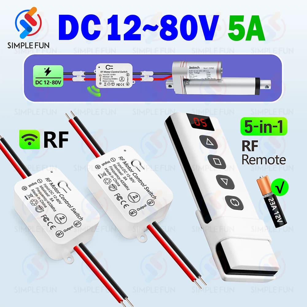 Interruttore di telecomando wireless Putter elettrico, ricevitore 12V 24V 48V 80V 5A, telecomando 5 in 1, per attuatore lineare