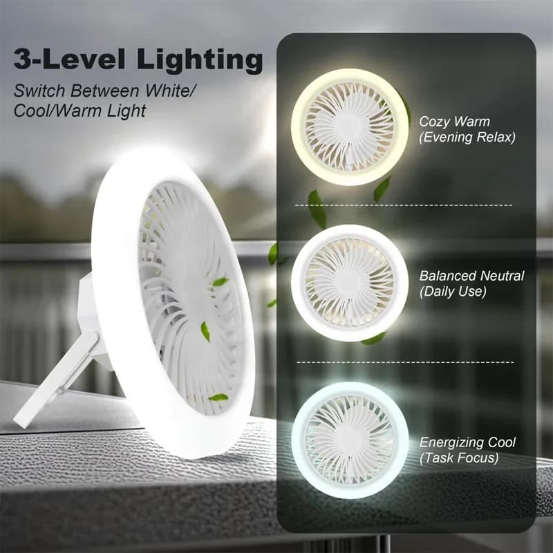 USB Rechargeable Camping Fan with LED Lantern 3 Color Light Modes Hanging Hook & Stand Design for Outdoor Tent and Travel