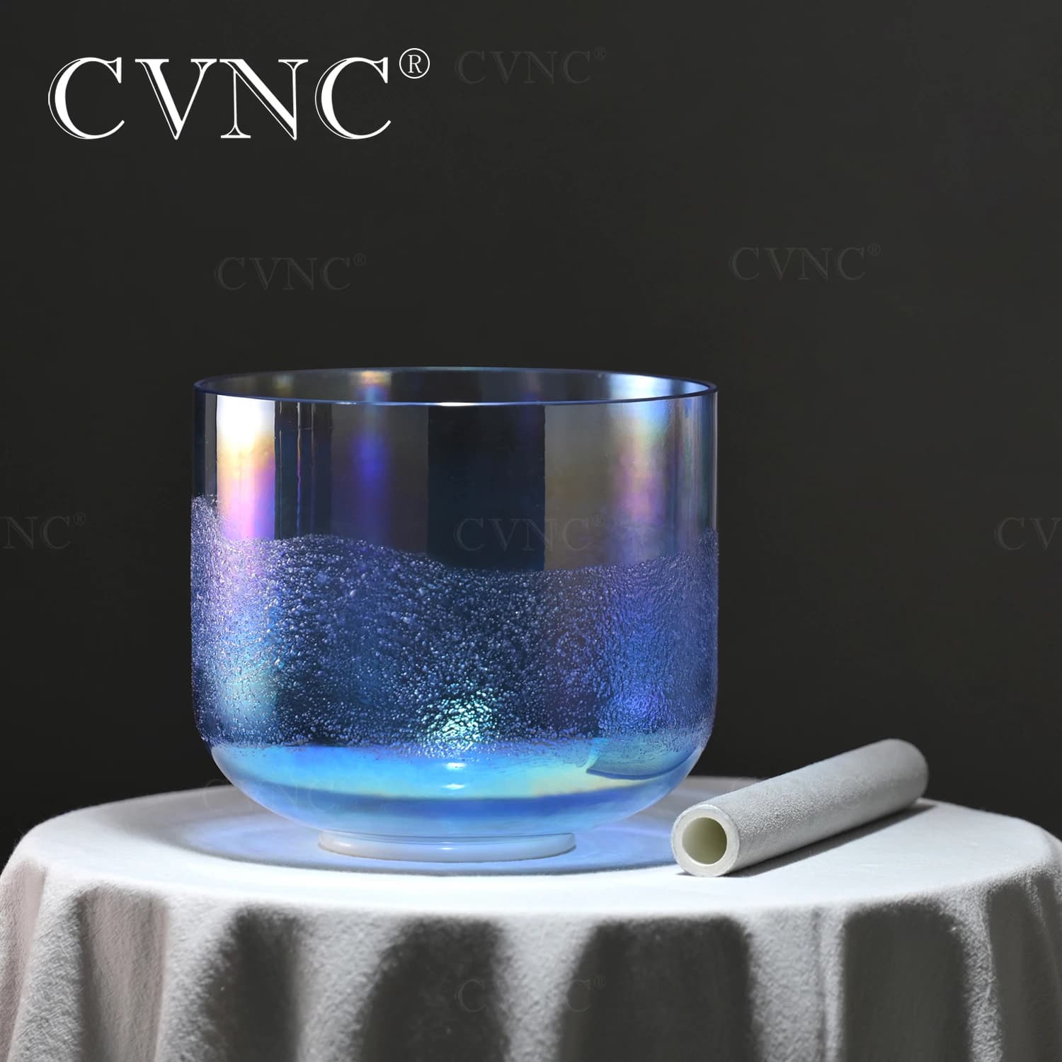 CVNC 6 Inch Glacier Flowing Sand Clear Quartz Crystal Singing Bowl Cosmic Light for Meditation and Sound Healing with Mallet