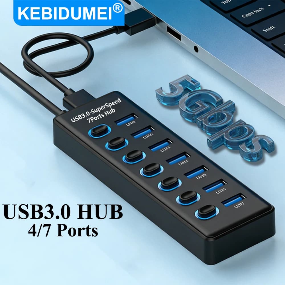KEBIDUMEI HUB USB 3.0 a 7 porte, Docking Station Multi USB con Interruttore Indipendente, Adattatore per Trasmissione Dati ad Alta Velocità 5Gbps