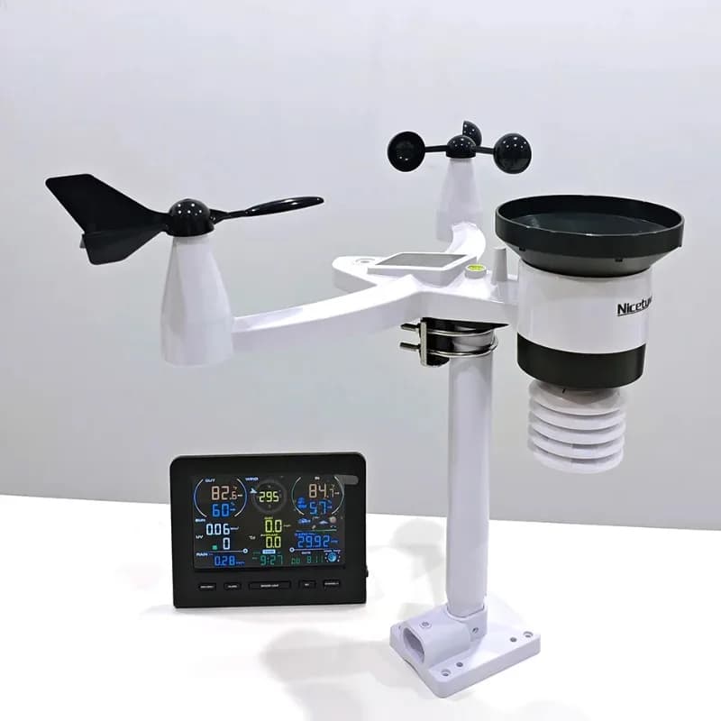 Nicetyweathe Stazione meteorologica wireless 7 in 1 con pluviometro Display a colori Orologio atomico Termometro professionale per interni/esterni