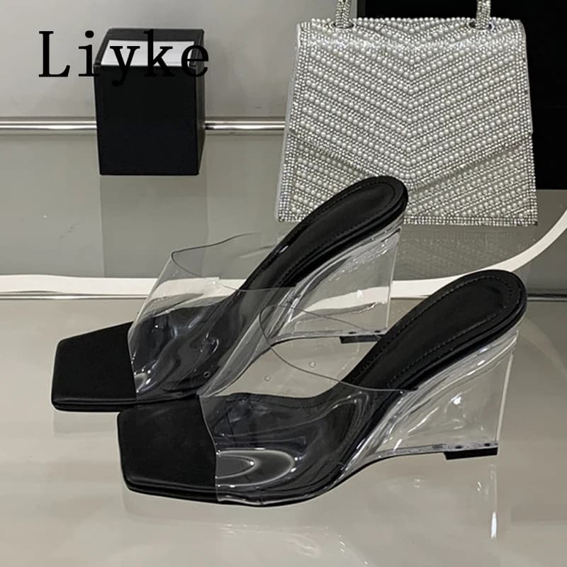 Liyke Street Style Punta quadrata Pantofole trasparenti per le donne Ciabatte Diapositive Estate Trasparente Tacchi alti Zeppe Scarpe Sandali Mujer