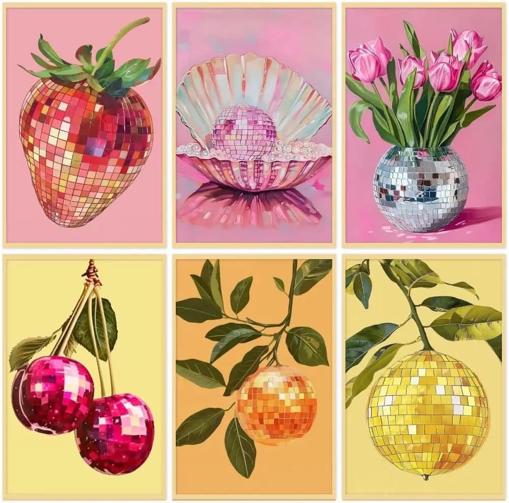 Diamond Art Painting Kits Adults Sparkly Pink Disco Ball Fruits Minimalist Luxury Modern Full Drill DIY Diamonds Gem Art Crafts