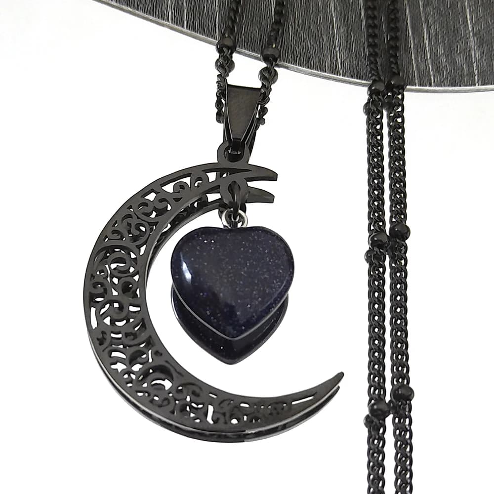 Black Color Stainless Steel Natural Stone Charm Necklace Women Moon Heart Necklace Valentines Jewelry Acero Inoxidable Joyeria