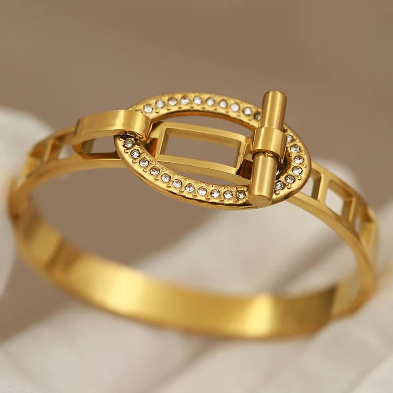 316L Classic Stainless Steel Metal Crystal Geometric Bangles for Women Elegant Hollow Bangles Rust-proof Bracelets Wrist Jewelry