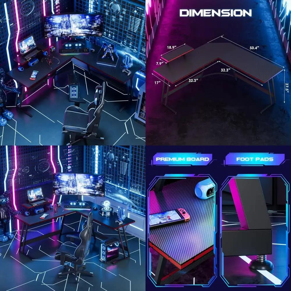 Large L-shaped computer desk from 51 with monitor support, sturdy black home office corner workstation