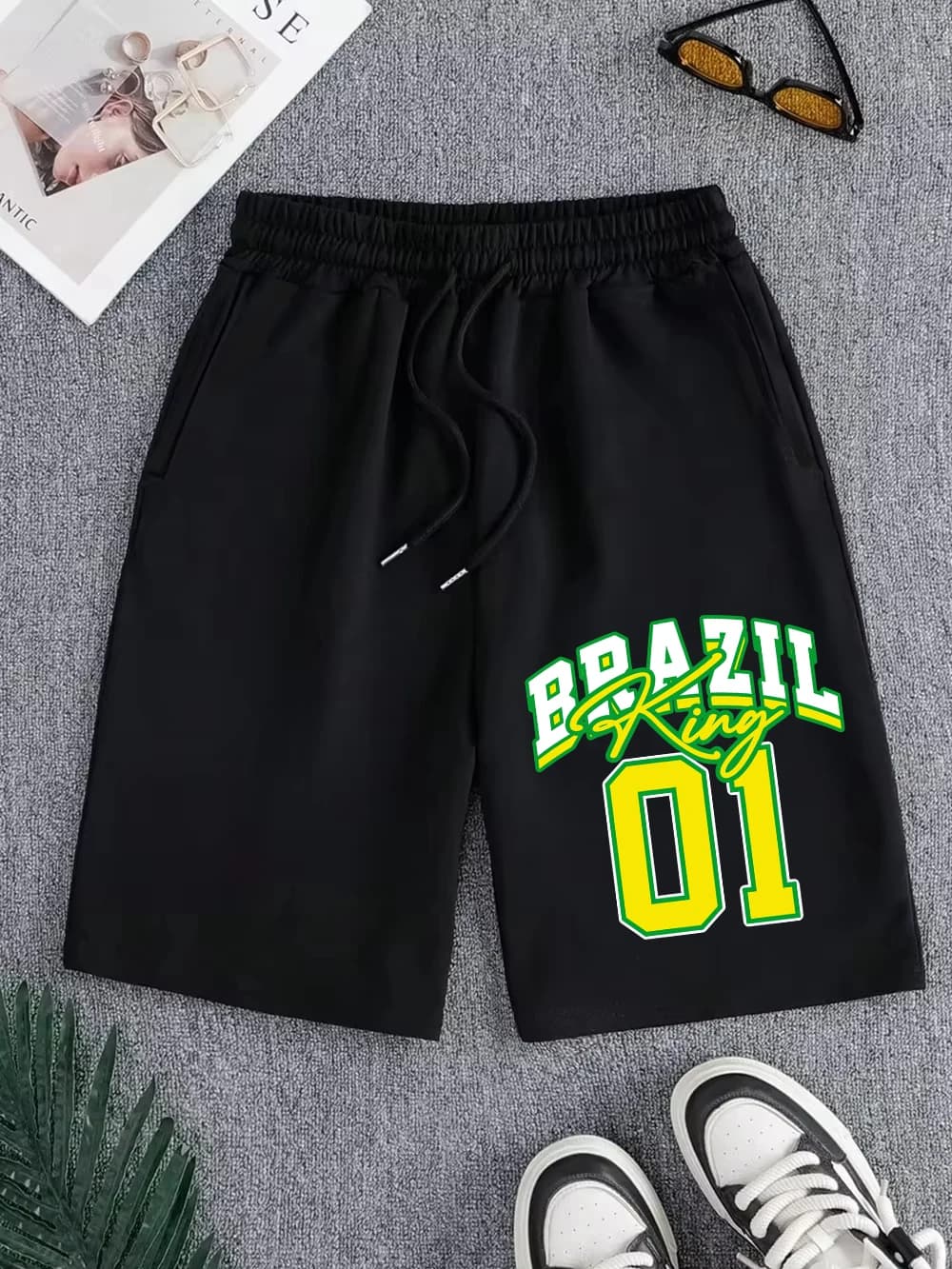 Pantaloni con stampa Brazil Football King 01, pantaloncini sportivi da uomo con tasche, pantaloncini al ginocchio, pantaloncini basici a vita alta, abbigliamento oversize estivo