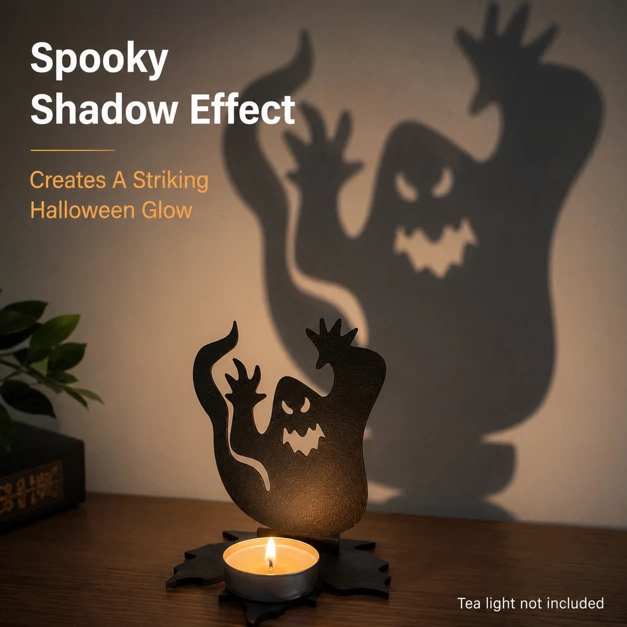 2PCS Halloween Ghost Shadow Tea Light Candle Holder Wooden Spooky Candlestick Stand for Table Party Home Haunted House Decor