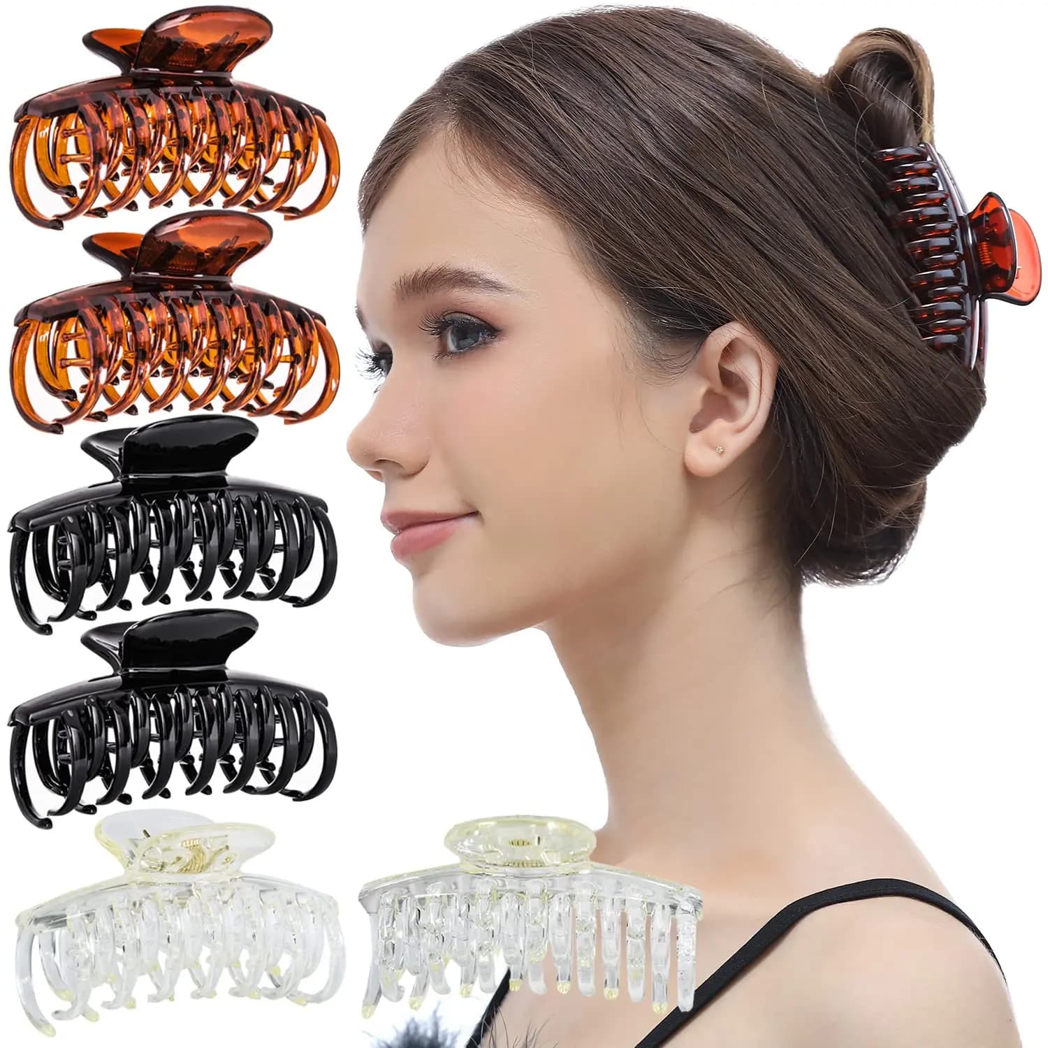 6 fermagli per capelli a doppia artiglio, tenuta forte, antiscivolo, per capelli fini, marrone chiaro medio, nero
