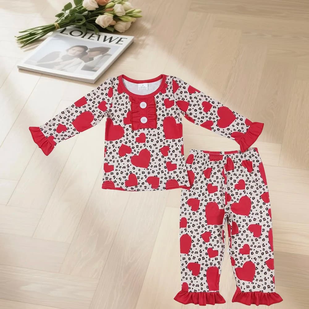 11.6 Neonate San Valentino Cuori Camicia leopardata Pantaloni Pigiama Set di abbigliamento