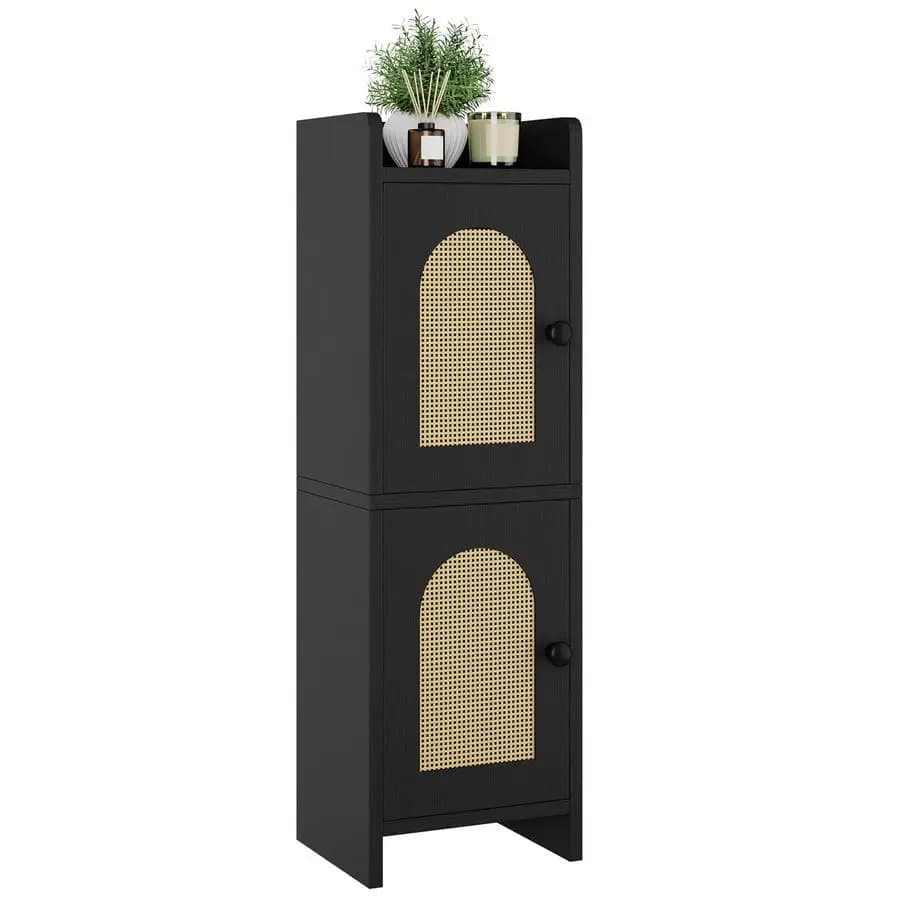 Mobiletto Salvaspazio per Bagno con Anta in Rattan, Porta Carta Igienica Stretto, Armadietto da Terra con Ripiani Regolabili