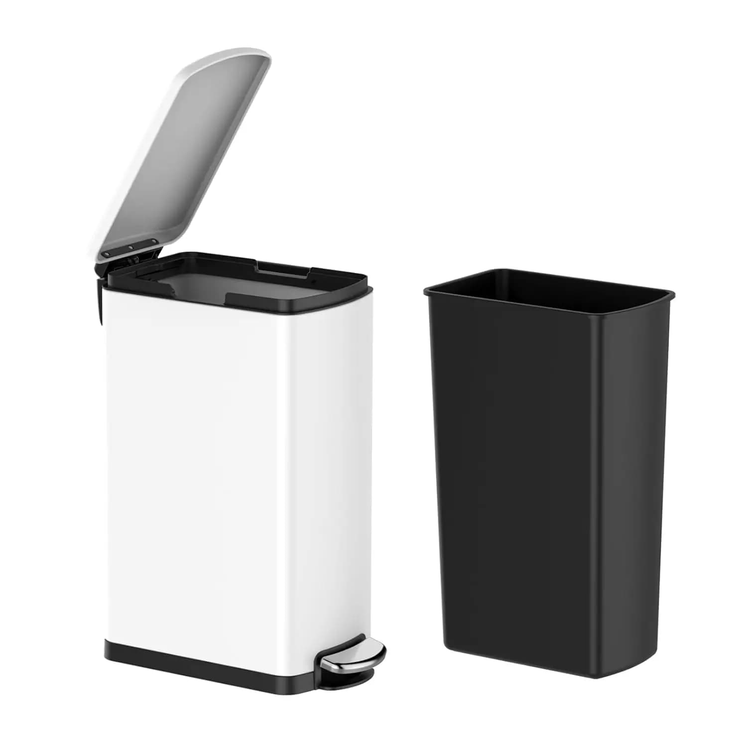 Cestino per Rifiuti Rettangolare in Acciaio Inox da 8 Galloni con Coperchio a Chiusura Morbida e Secchio Rimovibile per Cucina, Bagno, Ufficio, Bianco