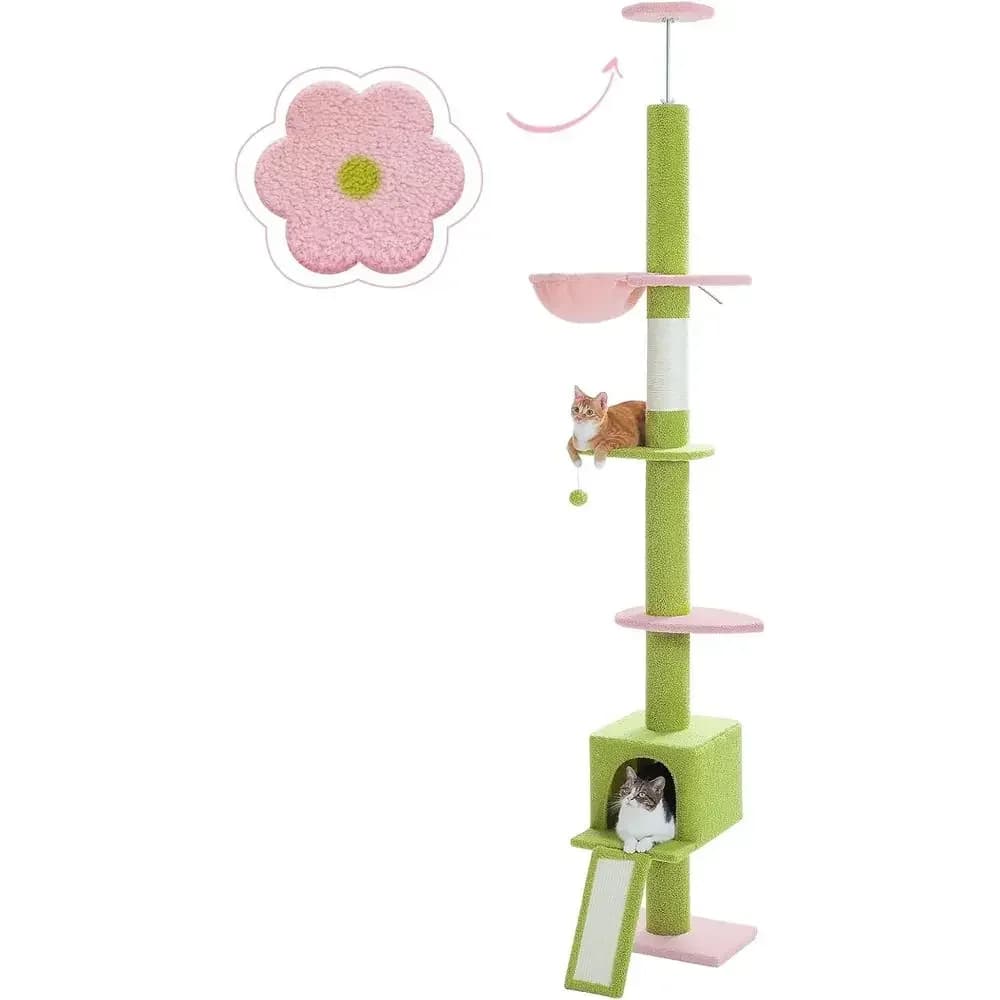 Green Tall Adjustable Cat Tree with 5 Levels, Scratching Post, and Ladder for Indoor Cats
