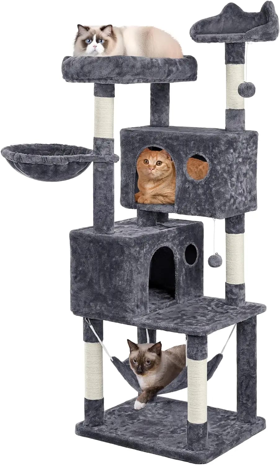 Albero per Gatti Extra Large da 64,5 Pollici con 2 Posti Riposo, 2 Cucce, 5 Tiragraffi, Amaca Divertente, Cesto e Palline Pendenti, Multicolore