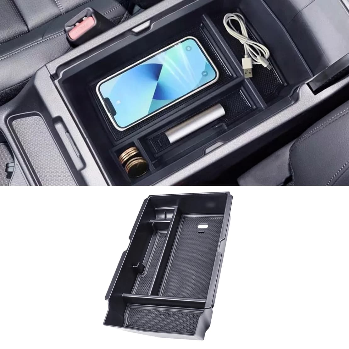Vassoio portaoggetti per bracciolo console centrale auto adatto per Honda CRV CR-V 2023-2024 nero con cuscinetti in gomma nera in plastica