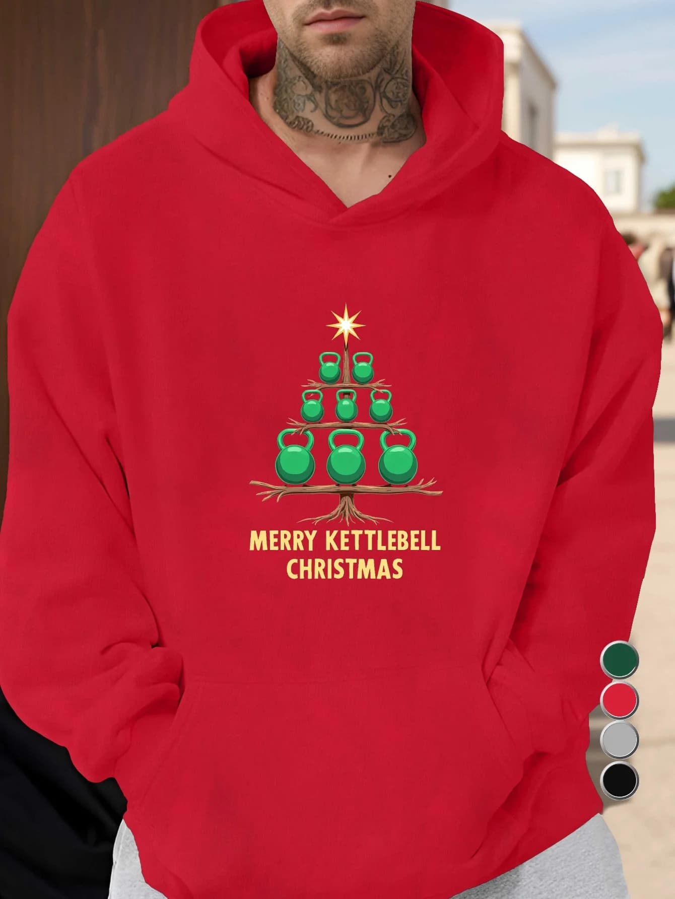 Hoodie with Funny Graphic Christmas Tree Kettlebell for Men - Merry Kettlebell Christmas Design with Kettlebell and Kettlebell