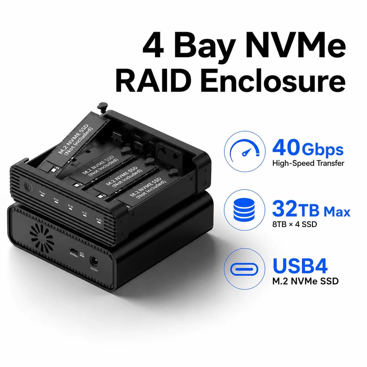 Enclosure RAID per SSD M.2 NVMe a 4 Bay, Case Esterno per Disco Rigido USB4 40Gbps, Dock SSD in Alluminio 32TB per Mac e Windows