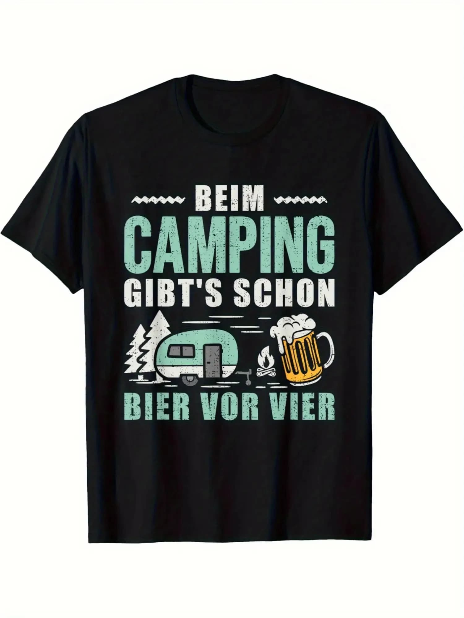 Men's t-shirt with retro pattern from camping and beer, in black bohémien with turquoise print, classic RV