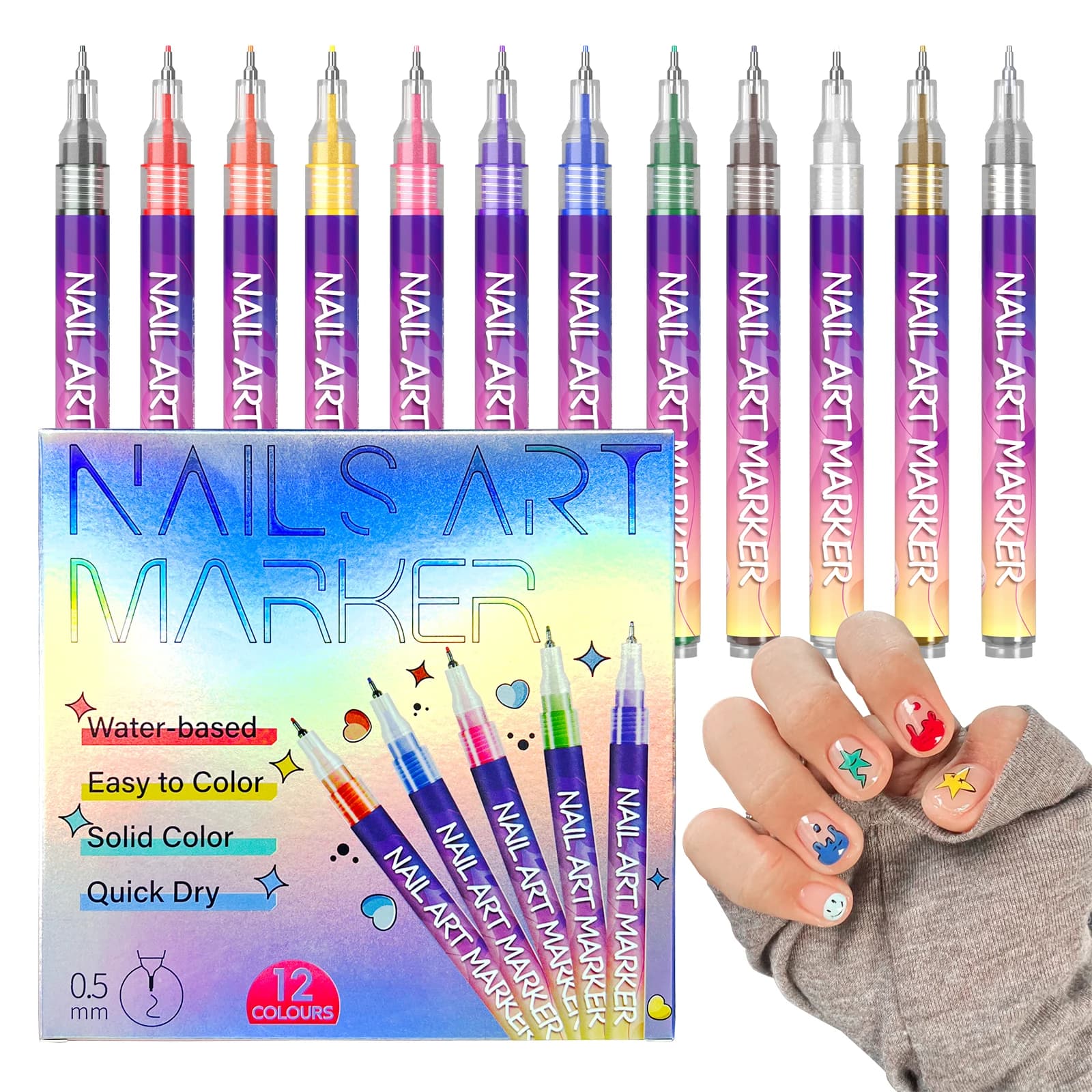 Set di 12/24 Penne per Nail Art in Acrilico, Pennarelli per Unghie 12/24 Colori, Strumento per Manicure 3D, Penna per Disegno Astratto, Attrezzo per Pittura Unghie