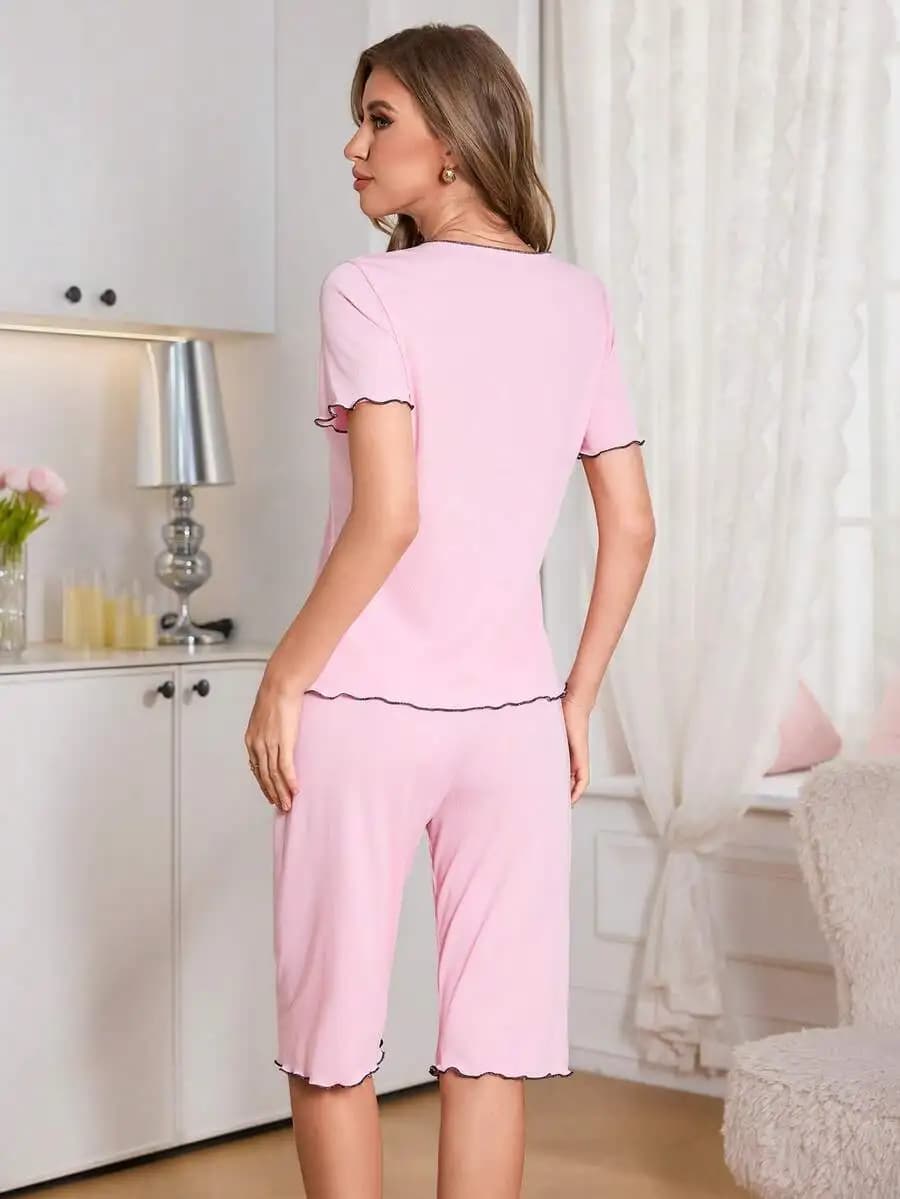 Womens Pink Short Sleeve Pajama Set With Black Trim