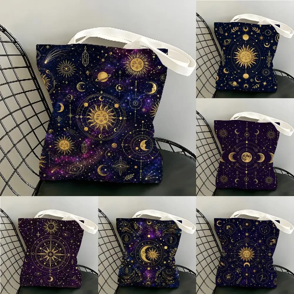 Tarot Cards Sun Star Moon Storage Bags Canvas Tote Bag Large Capacity Shoulder Shopper Eco Multi-Purpose Handbag