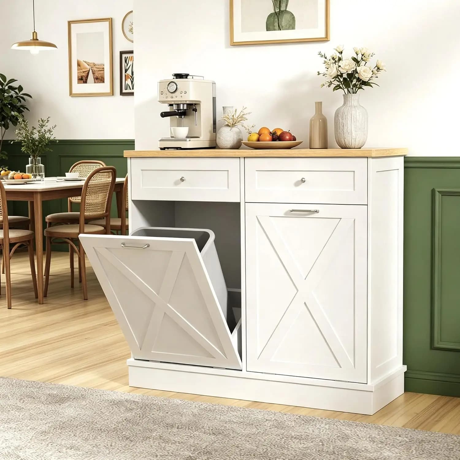Double Tilt Out Trash Cabinet Can Bin Kitchen 20 Gallon Wooden Free Standing Laundry Sorter,Recycling Cabinet with Hideaway
