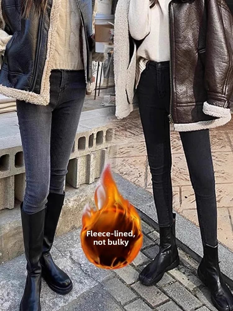 High Waist Thickened Fleece Lined Slim Fit Jeans Women's Winter New Style 2026 Greyish Smoke Color Nine Point Ladies Skinny P...