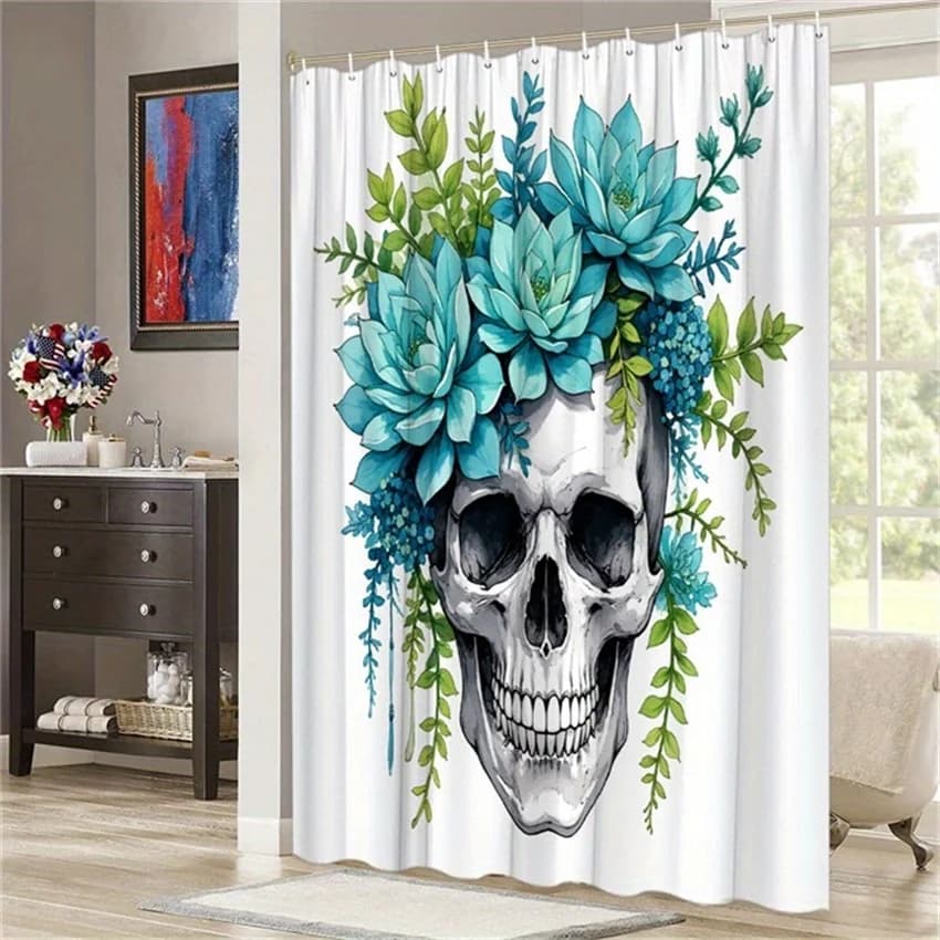 Tenda da doccia con teschio gotico e succulente - Design botanico vibrante Texture ossea bianca nera, accenti floreali verde acqua e blu