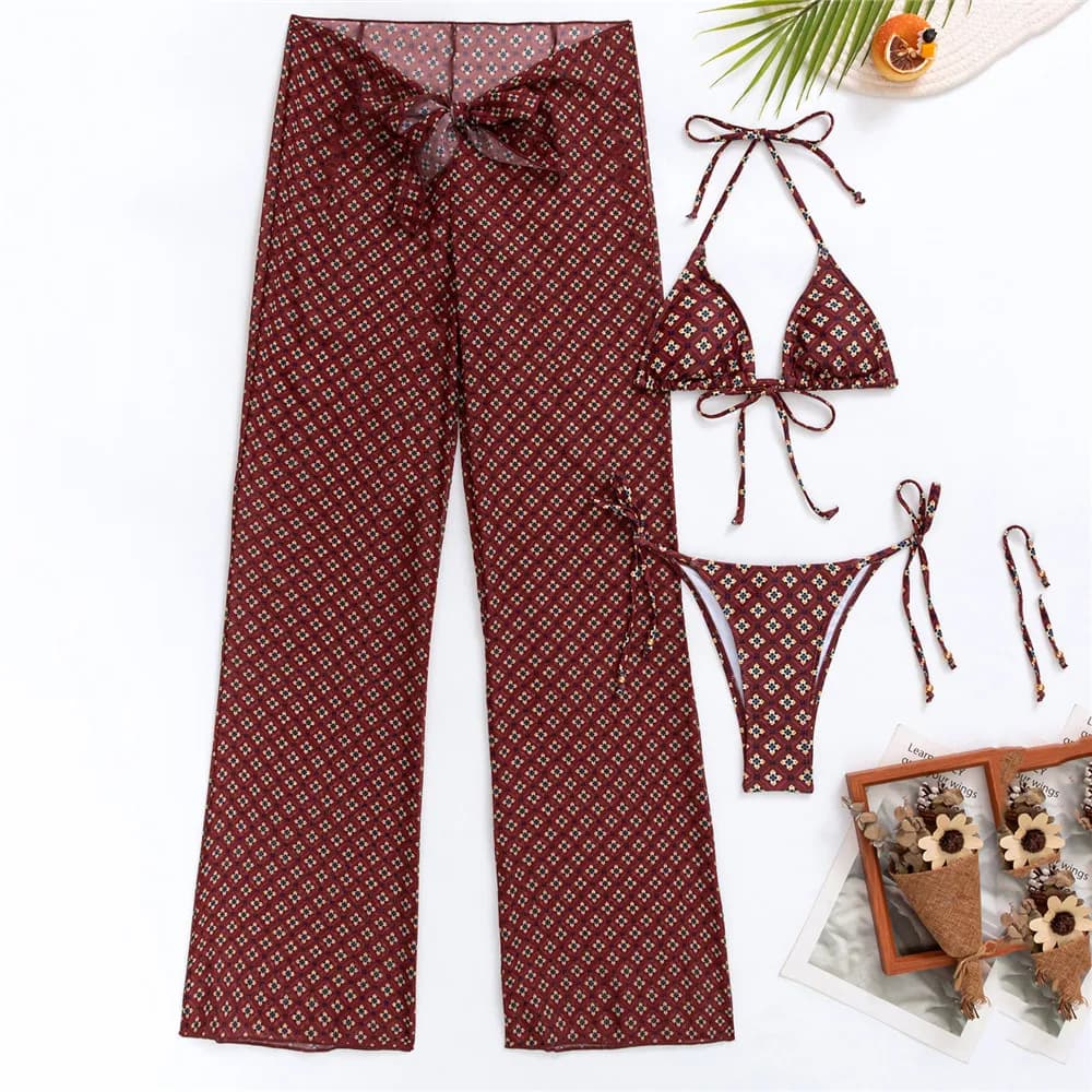 Stampa floreale 3 pezzi micro perizoma bikini set costumi da bagno con pantaloni costume da bagno sexy donna 2026 bikini mujer beachwear costume da bagno