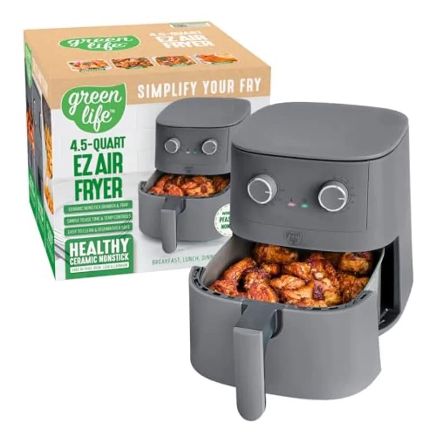 4,5QT Air Fryer with Mechanical Controls, PFAS-Free Ceramic Anti-Agent, Adjustable Temperature and Timer, LED Indicator, Oil Free
