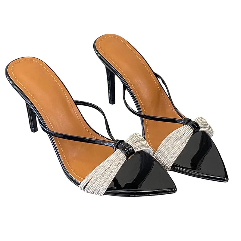 Red Heels Slippers White Sandals Rhinestones T-Shaped Pointed Toe Summer Shoes Black High Heels Woman Slippers 2026 Designer