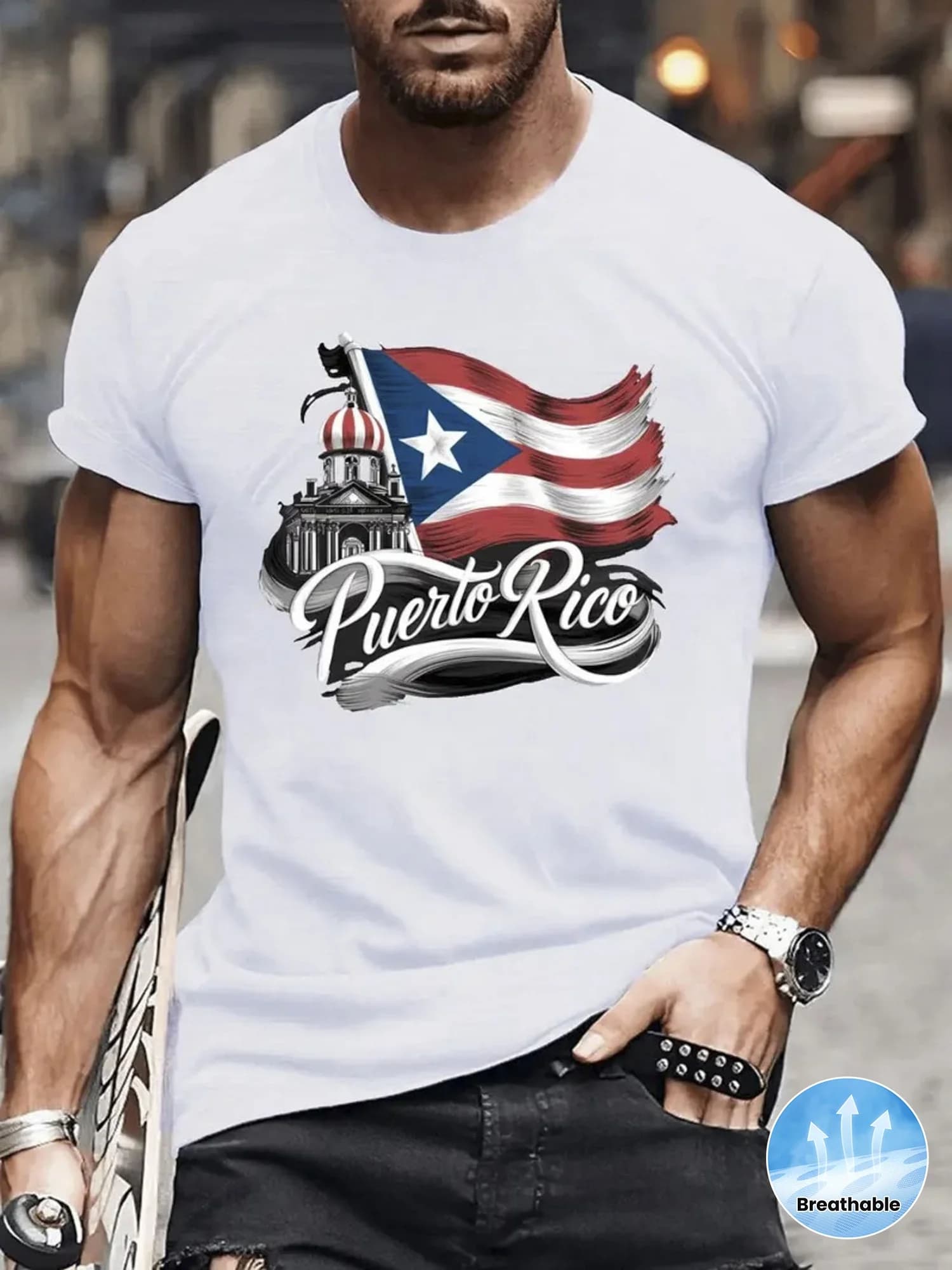 T-shirt da uomo a maniche corte con stampa bandiera di Porto Rico in puro cotone T-shirt traspirante in gite estive e campeggio