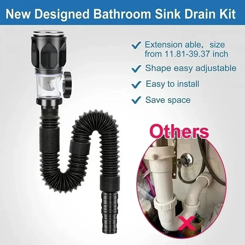 Set di tubi di scarico per lavabo in acciaio inossidabile, drenaggio per montaggio a parete, a prova di odore, per lavello da cucina, bagno, con accessori per cestello filtro