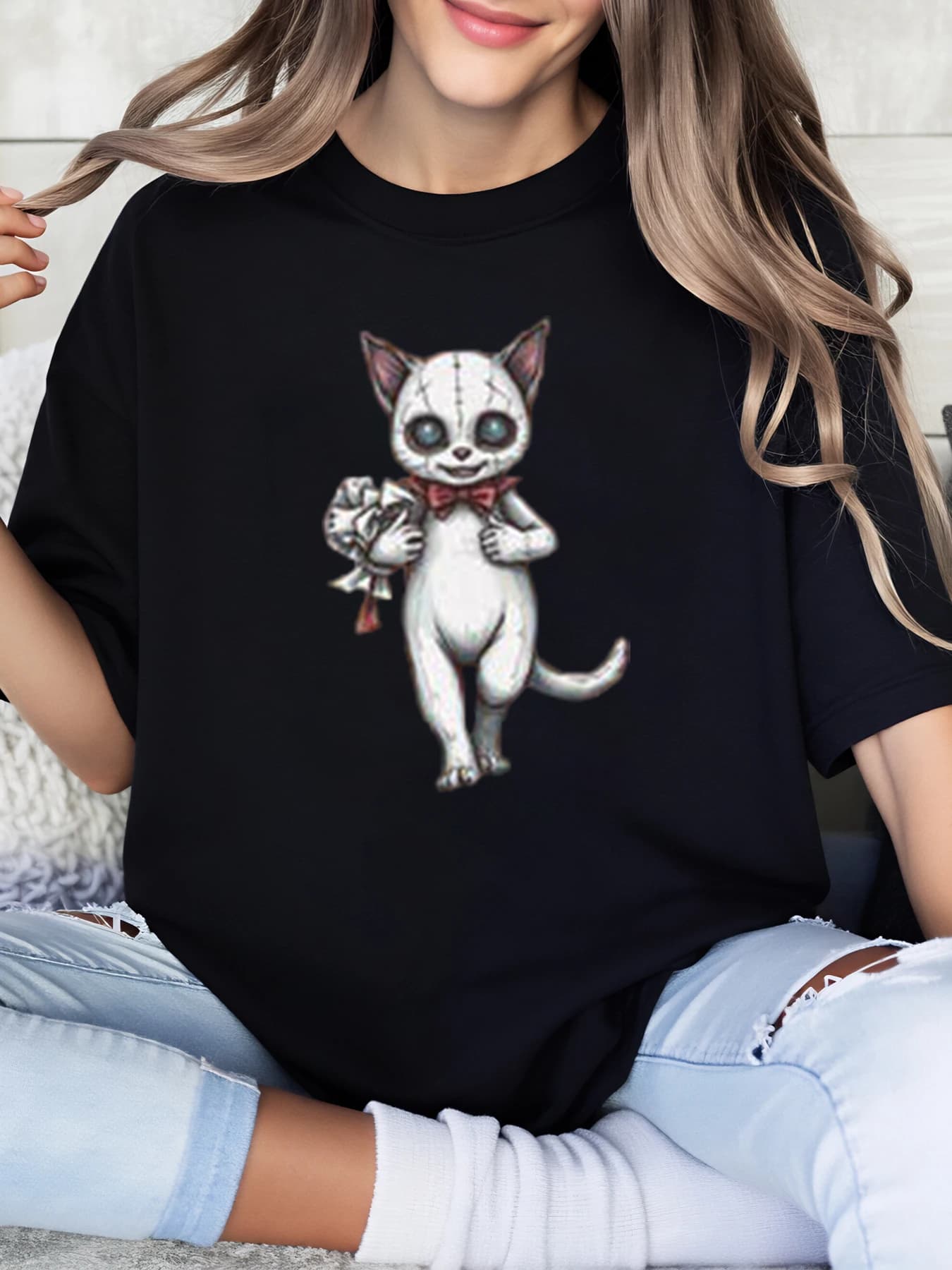 Scheletro di gatto con stampa rosa T-shirt di Halloween Abbigliamento casual da donna Completo da festa Nero Taglie forti