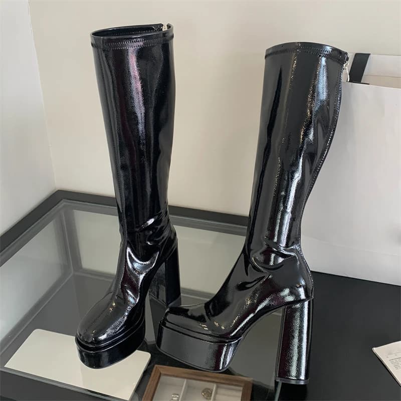 Eilyken Winter Fashion Round Toe Women Knee-High Boots Punk Style Platform Zipper Shoes Square High Heels Banquet Booties