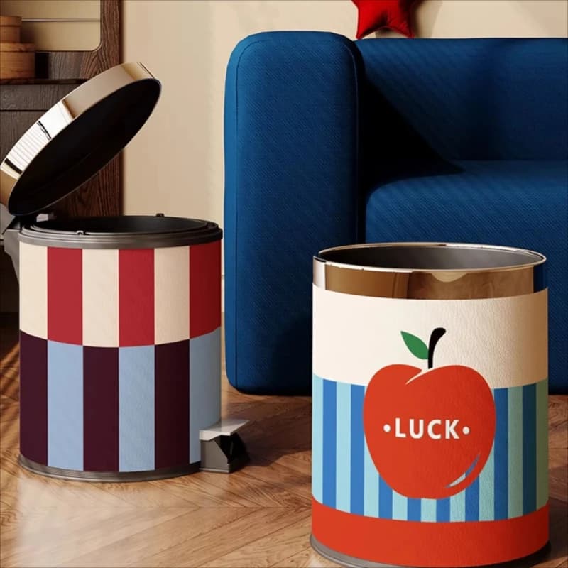 Leather Spliced Color Trash Can, 2026 New Retro American Style Large Capacity Waste Bin for Home Living Room Bedroom Bathroom