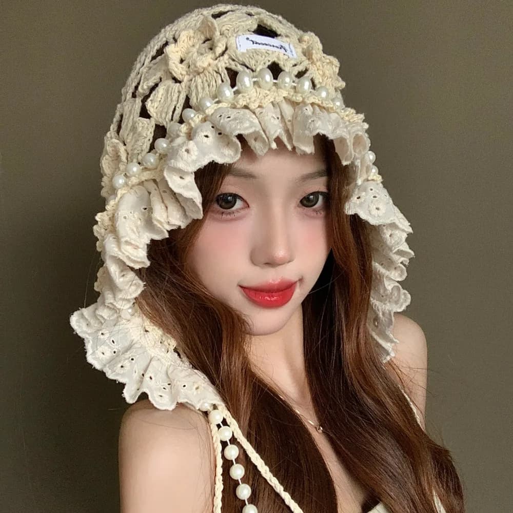 Hand-knitted Knitted Pearl Lace Beanies Soft Breathable Hollow Flowers Hat Bohemian Style Fringed Crochet Hat