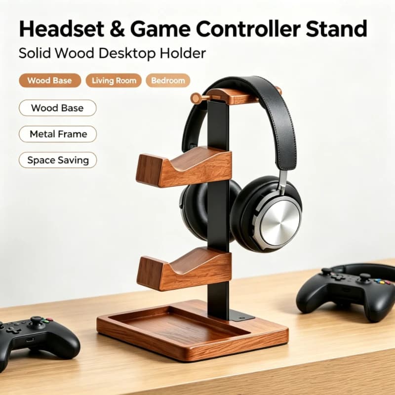 Solid Wood Metal Gamer Handle Bracket Earphone Holder Shelf for Headphones Multi Functional Gaming Headset Display Stand